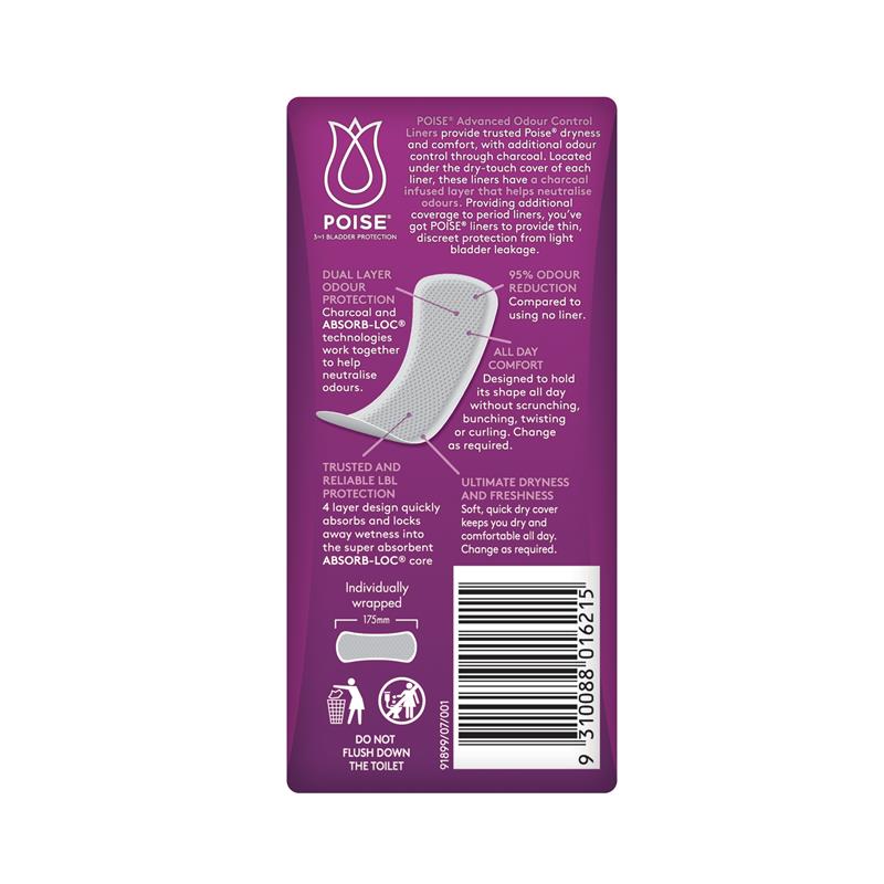 Poise Charcoal Light Bladder Protection Liners, Odor Control, 22-Pads