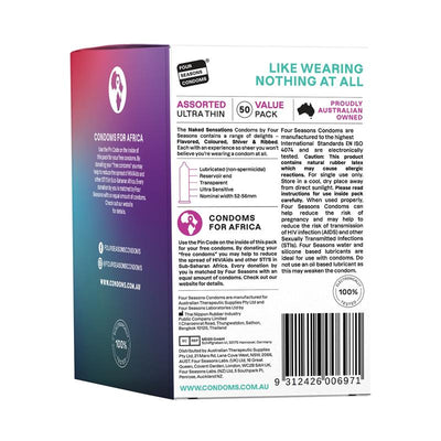 Four Seasons Naked Sensations Condoms 50-pieces– Flavored, Ribbed & Shiver