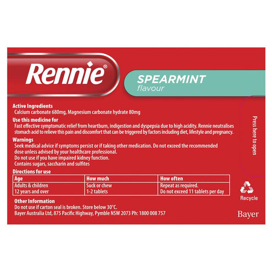 Rennie Indigestion and Heartburn Relief - Spearmint Flavor, 96 Chewable Tablets-Auzzi Store