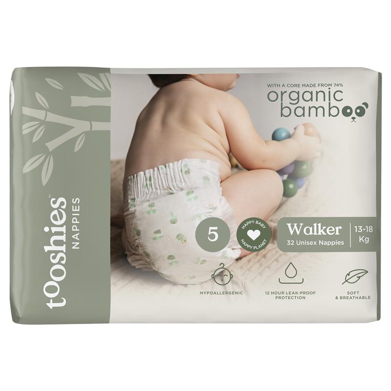 Tooshies Eco Nappies with Organic Bamboo Size 5 Walker (13-18kg) - 32 Pack
