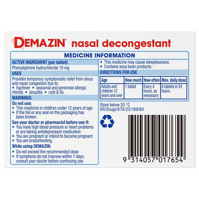 Demazin Nasal Decongestant 24 Tablets - Relieves Sinus & Nasal Congestion