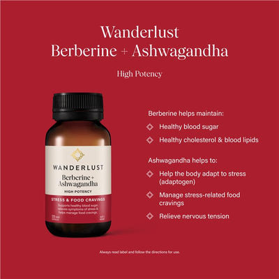 Wanderlust Berberine & Ashwagandha Capsules - 120 for Blood Sugar & Stress