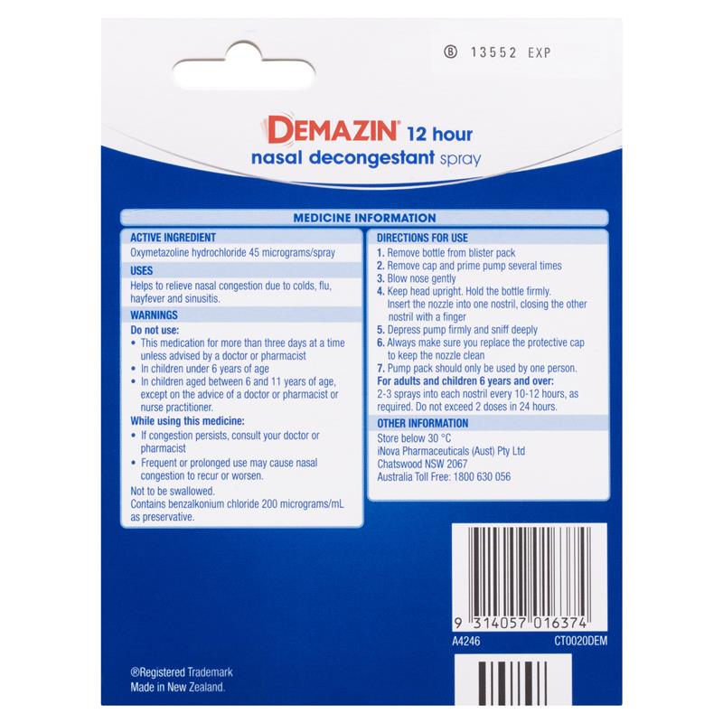 Demazin 12 Hour Relief Decongestant Nasal Spray 2 x 20ml - Long-Lasting Relief