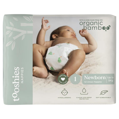 Tooshies Eco Nappies with Organic Bamboo Size 1 Newborn 3-5kg, 52 Pack - Soft & Hypoallergenic