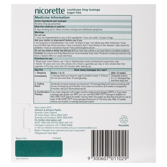 Nicorette Quit Smoking Regular Strength Cooldrops Nicotine Lozenge Icy Mint 4 x 20 Pack - Comprehensive Craving Relief-Auzzi Store