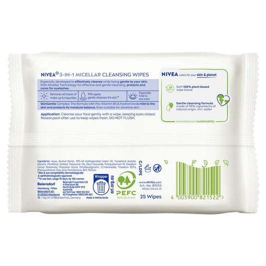 NIVEA 3in1 Micellar Cleansing Wipes - 25 Pack for All Skin Types-Auzzi Store