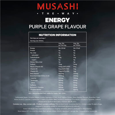 Musashi Energy Purple Grape 500ml - Zero Sugar Energy Drink
