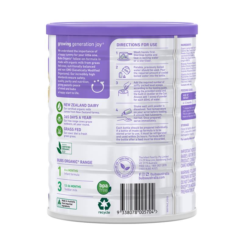 Bubs Organic Grass Fed Follow-on Milk Formula 800g - Ideal for Growing Infants - Auzzi Store