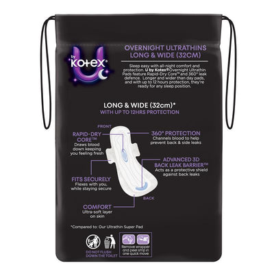 U by Kotex Overnight Ultrathin Regular Pads with Wings, 10 Pads