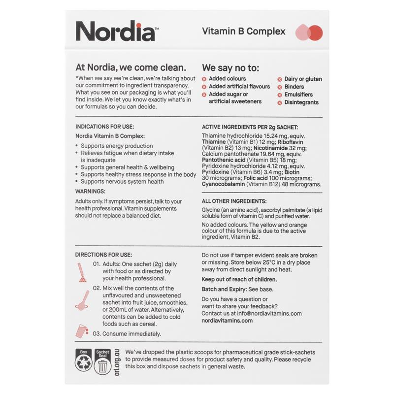 Nordia Vitamin B Complex Unflavoured Powder - 28 Sachets for Energy Support