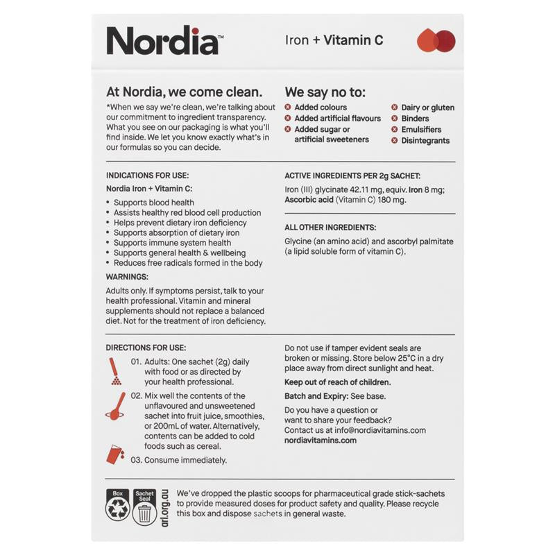 Nordia Iron + Vitamin C Powder - 28 Sachets, Sugar-Free, Supports Blood Health