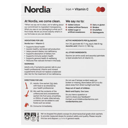 Nordia Iron + Vitamin C Powder - 28 Sachets, Sugar-Free, Supports Blood Health