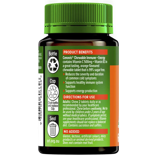 Cenovis Chewable Immune + Energy 60 Tablets - Vitamin C & B3 Boost