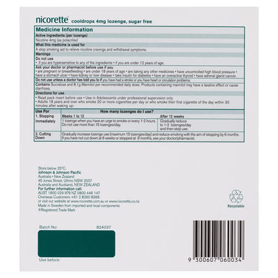 Nicorette Quit Smoking Extra Strength Cooldrops Nicotine Lozenge Icy Mint - 8 x 20 Pack