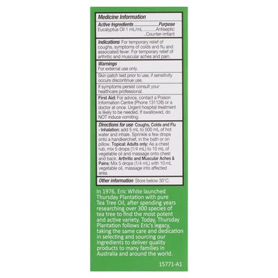Thursday Plantation 100% Pure Eucalyptus Oil 100ml - Natural Relief for Coughs and Colds
