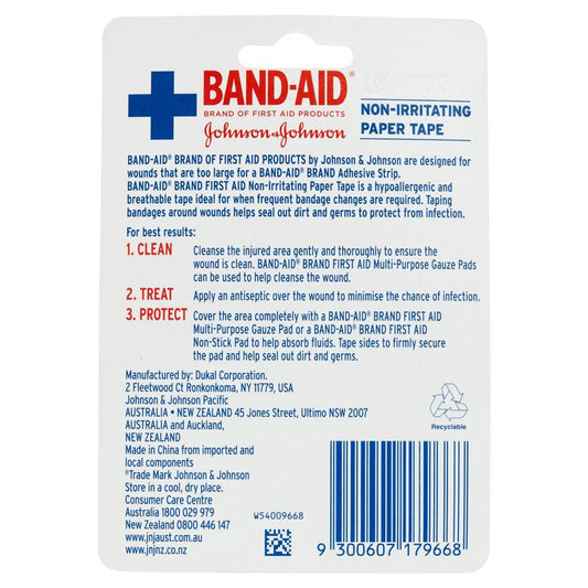 Band-Aid First Aid Non-Irritating Paper Tape (2.5cm x 9.1m)-Auzzi Store
