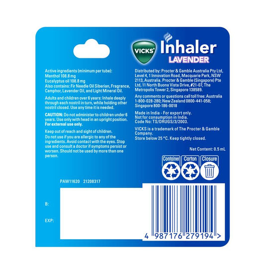 Vicks Lavender Nasal Decongestant Inhaler 0.5ml - Breathe Easy-Auzzi Store