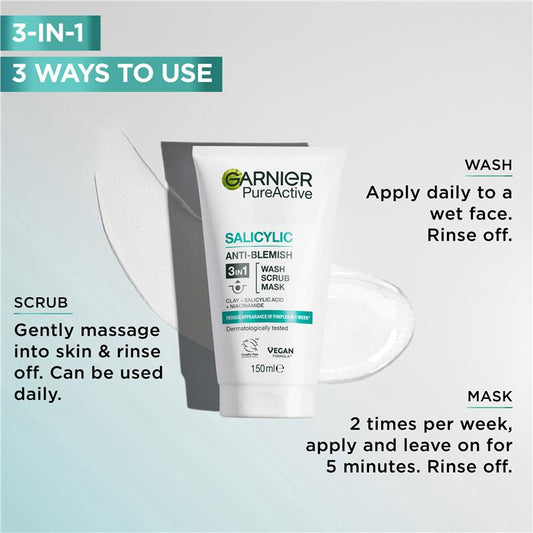 Garnier SkinActive Pure Active 3 in 1 Wash, Scrub & Mask - 150mL – view 2 - Auzzistore