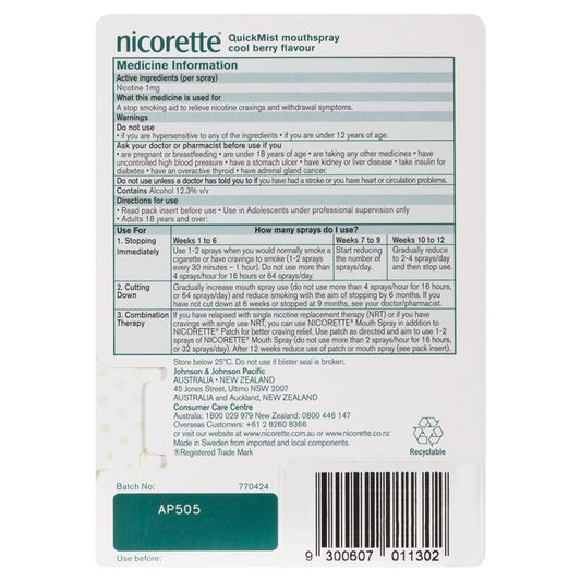 Nicorette Quit Smoking QuickMist Mouth Spray - Cool Berry (150 Sprays) - Auzzi Store