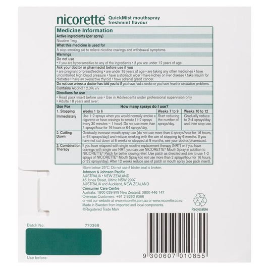 Nicorette Quit Smoking QuickMist Nicotine Mouth Spray Freshmint 2 x 150 Pack - Ultimate Craving Relief-Auzzi Store