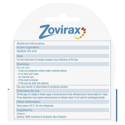 Zovirax Cold Sore Cream Pump 2g - Fast Relief for Cold Sores