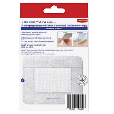 Elastoplast Ultra Sensitive Dressing XXL 8 x 10cm 5 Pack - Gentle Care for Sensitive Skin