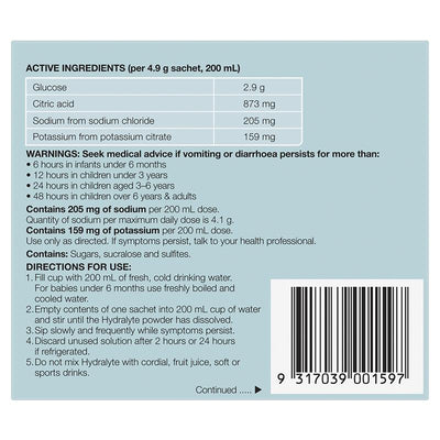 Hydralyte Electrolyte Powder - Colour Free Lemonade - 4.9g x 10 Sachets