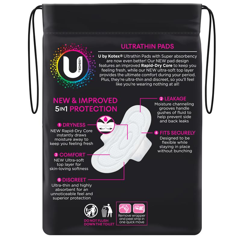 U by Kotex Ultrathin Super Pads with Wings, Rapid-Dry Core, 12-Pack