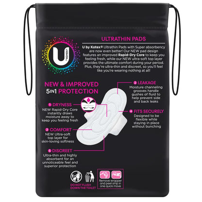 U by Kotex Ultrathin Super Pads with Wings, Rapid-Dry Core, 12-Pack
