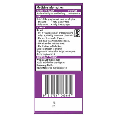 Telfast 60mg 20 Tablets - Fast Relief from Hayfever Symptoms