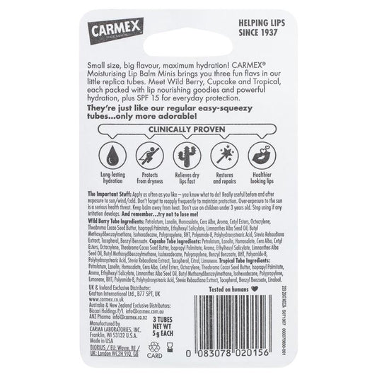 Carmex Lip Balm Squeeze Tube Minis - Wild Berry Cupcake & Tropical 3 Pack - Auzzistore