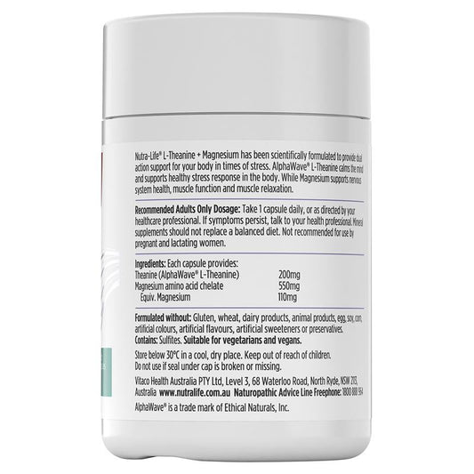 Nutra-Life L-Theanine + Magnesium 60 Capsules - Natural Mind & Muscle Relaxation