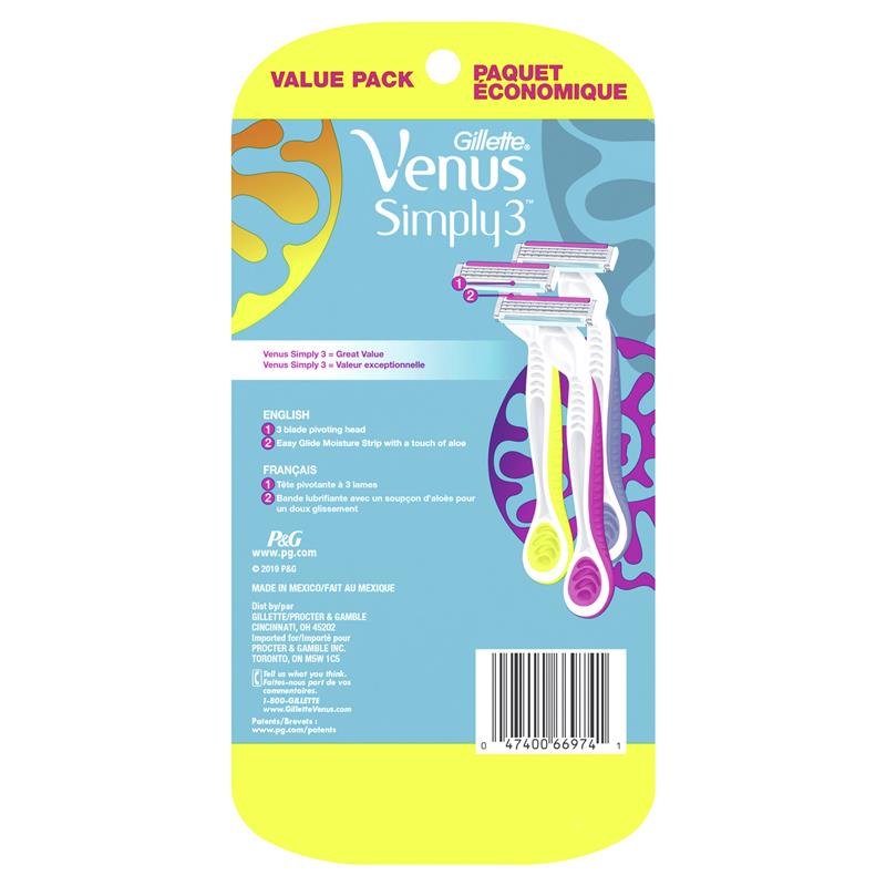 Gillette Venus Simply3 Women's 8-Pack Disposable Razors, 3-Blade & Moisture Strip