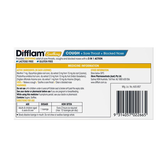 Difflam Soothing Cough + Sore Throat + Blocked Nose Honey Lemon 16 Lozenges - 3-in-1 Relief – view 2 - Auzzistore