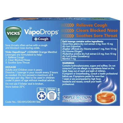 Vicks VapoDrops + Cough Orange Menthol Lozenges - 36 Count