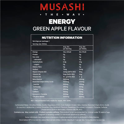 Musashi Energy Green Apple 500ml - Refreshing Zero Sugar Drink