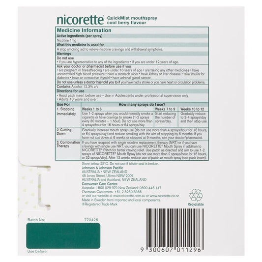 Nicorette Quit Smoking QuickMist Nicotine Mouth Spray - Cool Berry (2 x 150 Sprays) - Auzzi Store