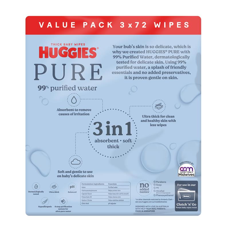 Huggies PURE 99% Water Baby Wipes - Bulk 72x3 Pack