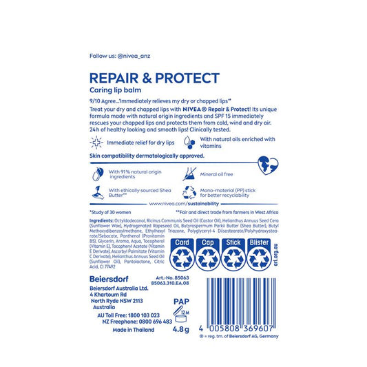 NIVEA Repair & Protection Moisturising Lip Balm SPF15 4.8g - Hydration & Sun Protection-Auzzi Store