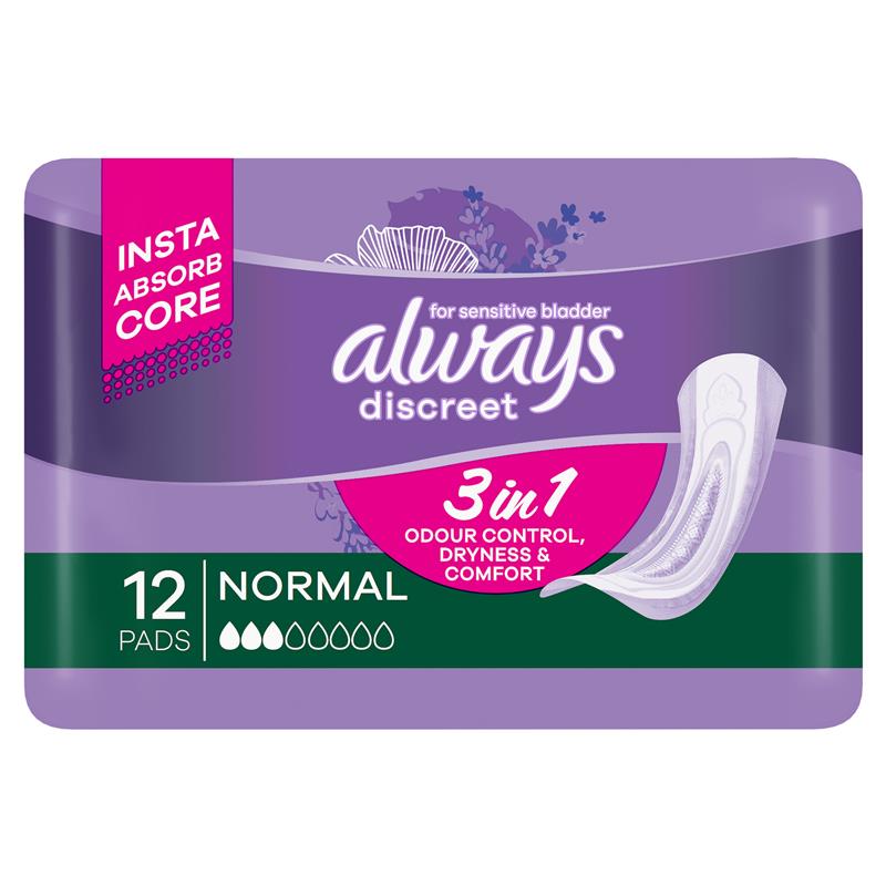 Always Discreet Level 3 Incontinence Pads 12 Pack for Bladder Leaks