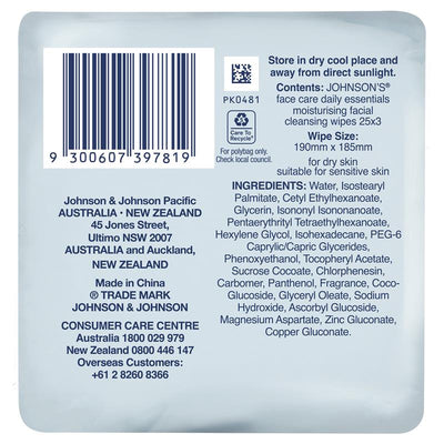 Johnson's Face Care Moisturising Facial Cleansing Wipes For Dry Skin 3 x 25 Pack - Gentle Cleansing for Sensitive Skin
