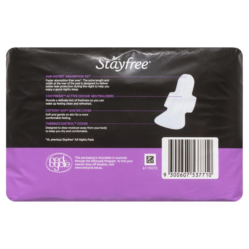 Stayfree All Night With Wings Sanitary Pads, 10-Pack, Leak Protection