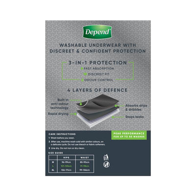 Depend Men’s Washable Incontinence Underwear - Large, 100ml Absorbency