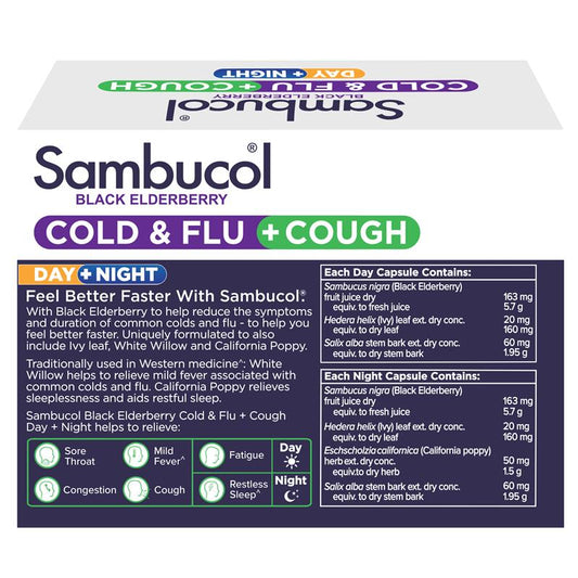 Sambucol Cold & Flu + Cough Day & Night 24 Capsules - Comprehensive Relief-Auzzi Store