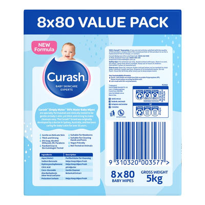 Curash Simply Water Wipes 8x80 Pack - Gentle & Hypoallergenic