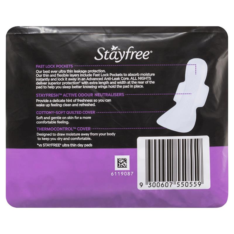 Stayfree All Night Ultra Thin Pads with Wings, 10-Pack, Advanced Leak Protection