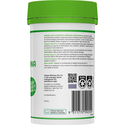 Swisse Organic Spirulina Supplement 1000mg - 200 Tablets