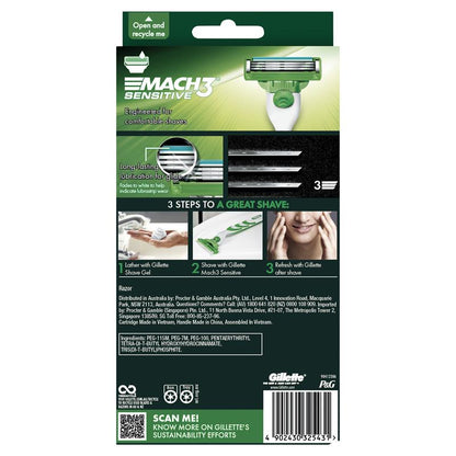 Gillette Mach3 Sensitive Razor 1-Pack, Extra Lubricating Strip, Ergonomic Handle