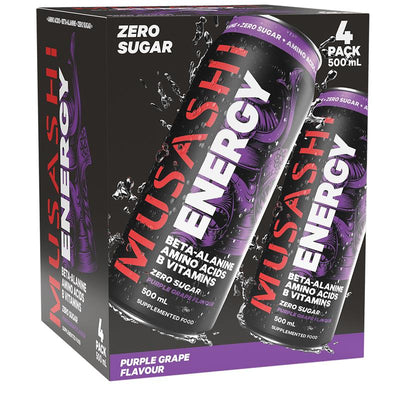 Musashi Purple Grape Energy Drinks 500ml x 4 Pack - Zero Sugar Energy Boost