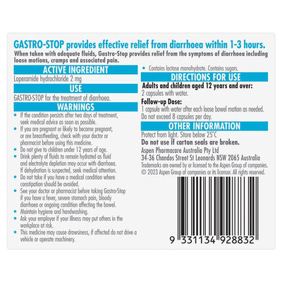 GastroStop Loperamide 2mg 20 Capsules - Quick Diarrhoea Relief